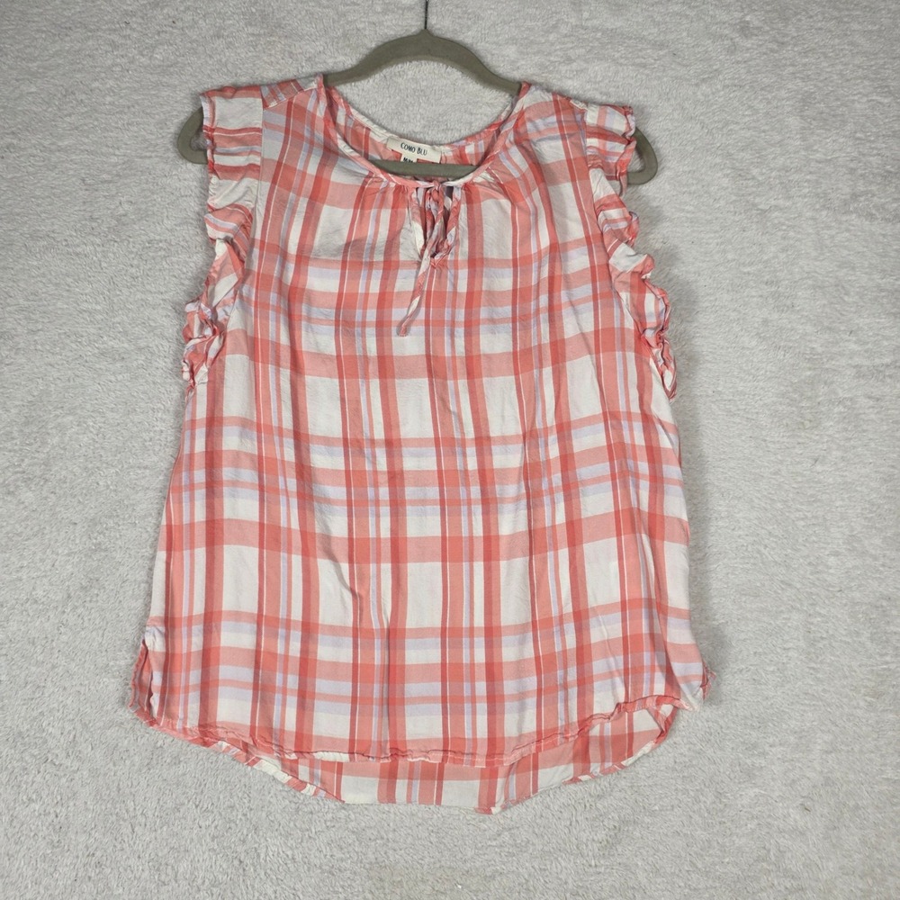 Como Blu Plaid Blouse Womens Medium Coral  Ruffle Tie Neck Sleeveless Top
